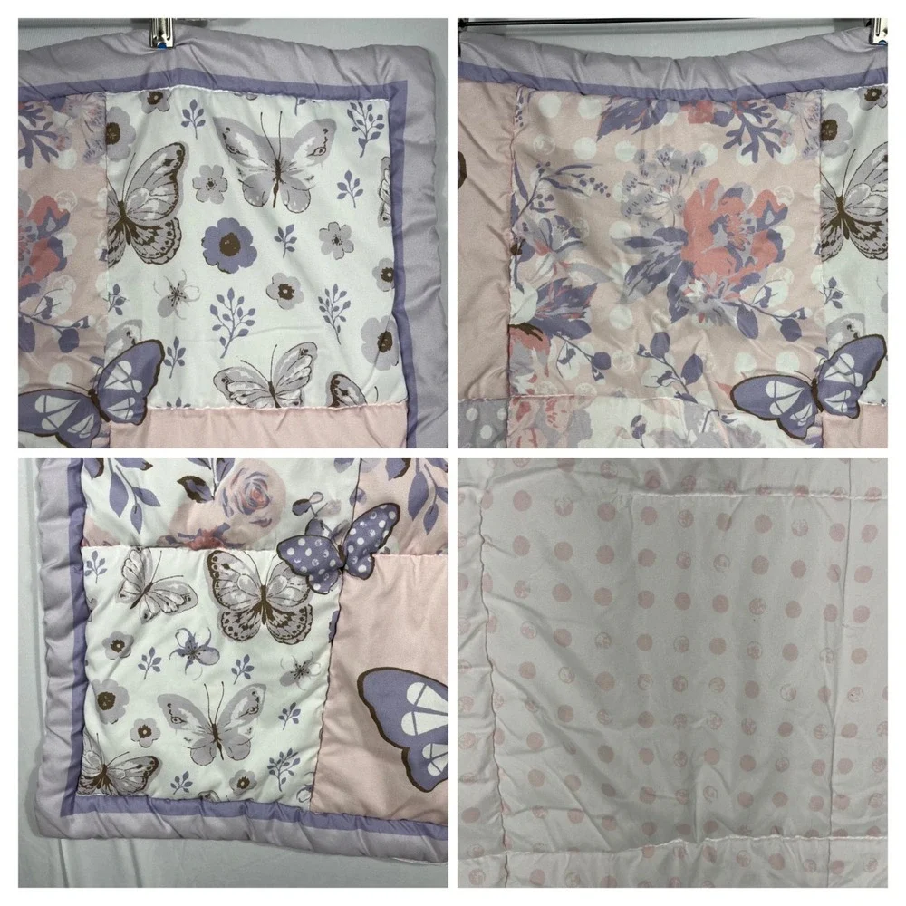 Vtg 90s Y2K 2pc Butterfly Baby Crib Bedding Set Purple Pink Floral Quilt & Sheet